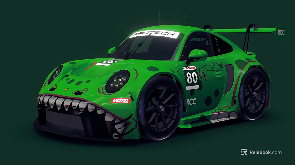 Green Racing Car with Shark Tooth Front Design Number 80 MOTUL and RCC Logos 3d model 