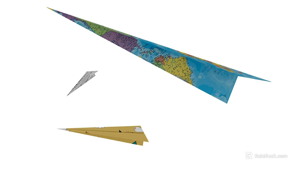 Colorful Map Pattern Paper Plane with Small Gray and Yellow Paper Planes 3d model 