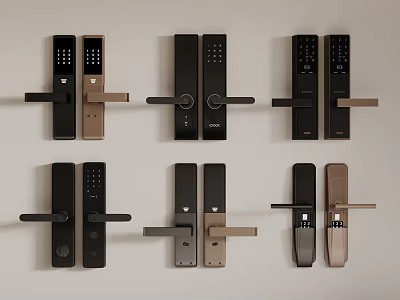 Modern Smart Door Handles Featuring Fingerprint Scanner Password Keypad In Black Brown Colors 3d model