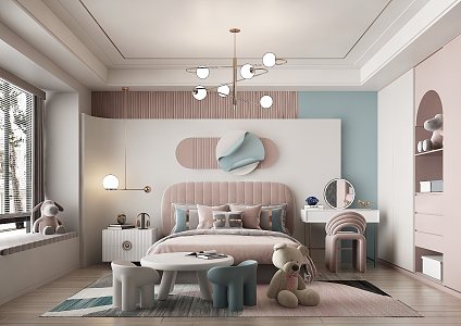 Modern Children's Room Single Bed Wardrobe Desk 3d model