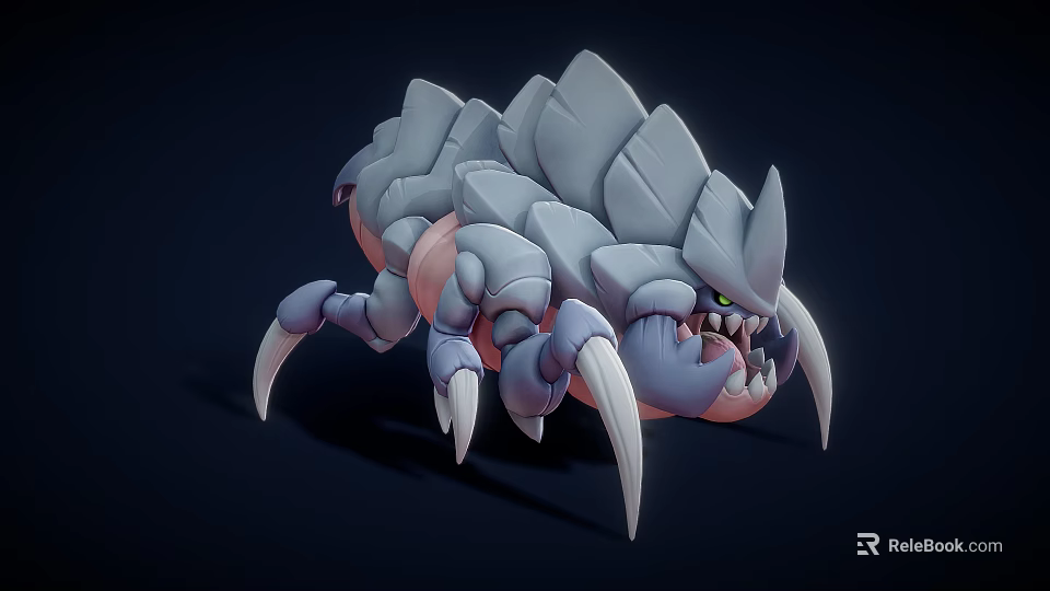 Crawling Reptile 3D Model With Gray Exoskeleton Large Claws Sharp Teeth And Dark Background 3d model 