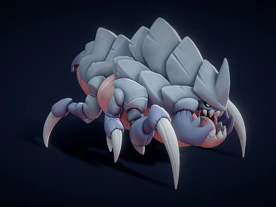 Crawling Reptile 3D Model With Gray Exoskeleton Large Claws Sharp Teeth And Dark Background 3d model