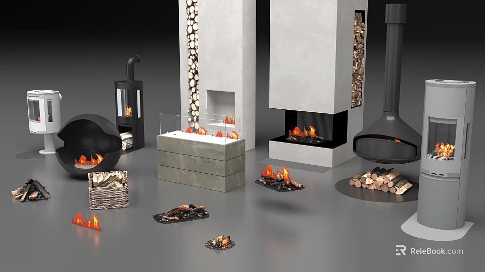 Modern Various Fireplace Designs With Stone Metal Frames Flames And Firewood 3d model