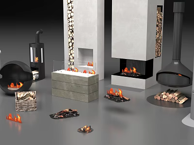 Modern Various Fireplace Designs With Stone Metal Frames Flames And Firewood 3d model