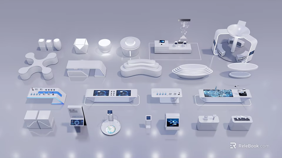 Modern Geometric Display Items With White Sculptural Shapes And Digital Screens 3d model 