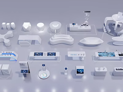 Modern Geometric Display Items With White Sculptural Shapes And Digital Screens 3d model