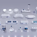 Modern Geometric Display Items With White Sculptural Shapes And Digital Screens