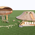 Wooden Playground Equipment with Circular Dome Slide and Climbing Structures on Green Lawn