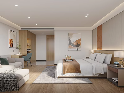 Hotel Room Interior With Modern Design Large Bed Sofa Decorative Paintings And Soft Lighting 3d model