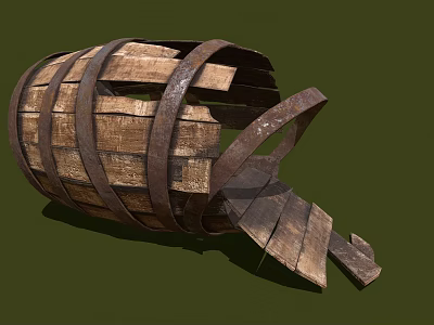 Vintage Decorative Ornament Set with Broken Wooden Barrel and Metal Hoops Design 3d model