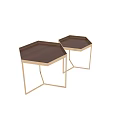 Two Hexagonal Side Tables With Dark Wood Top And Modern Metal Frame