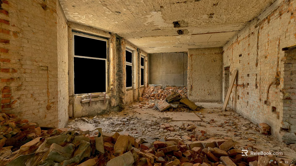 Abandoned Room With Broken Walls Scattered Bricks And Damaged Ceiling 3d model 
