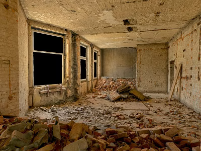 Abandoned Room With Broken Walls Scattered Bricks And Damaged Ceiling 3d model