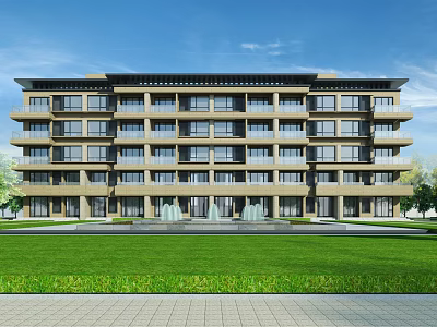 Modern Multi story Residential Building With Lawn And Balconies Exterior Design 3d model