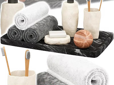 Daily Bathroom Wash Essentials With Soft Rolled Towels Natural Soap Wooden Toothbrushes And Ceramic Containers 3d model