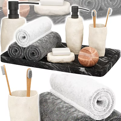 Daily Bathroom Wash Essentials With Soft Rolled Towels Natural Soap Wooden Toothbrushes And Ceramic Containers 3d model