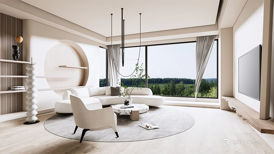 Modern Luxury Living Room With Large Windows Forest View Round Sofa Coffee Table And Wooden Elements 3d model 