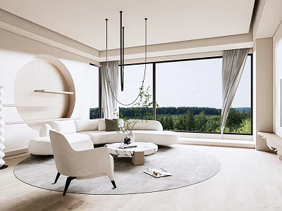 Modern Luxury Living Room With Large Windows Forest View Round Sofa Coffee Table And Wooden Elements 3d model