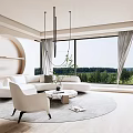 Modern Luxury Living Room With Large Windows Forest View Round Sofa Coffee Table And Wooden Elements