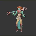 Game Movie Character With Red Hair Blue Coat Holding Fork Weapon Design