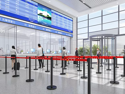 Sturdy Queue Railings in Airport Terminal with Information Screens and Glass Doors 3d model