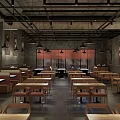 Modern Restaurant Interior With Wooden Tables Leather Chairs And Hanging Lights