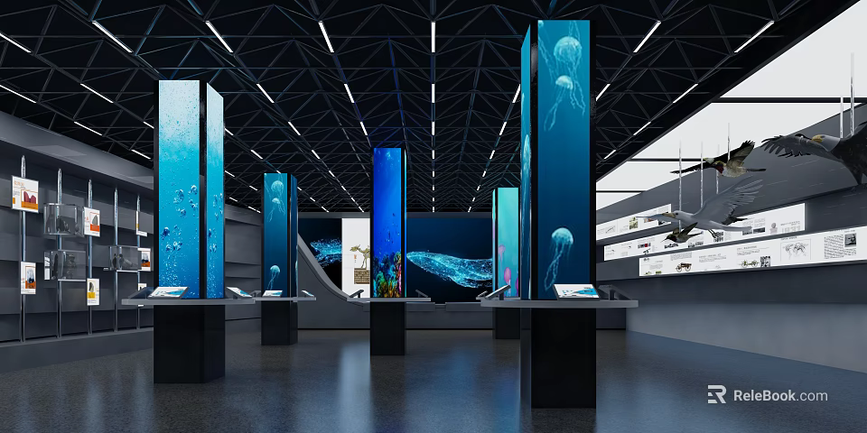 Marine Exhibition Hall Interior With Blue Pillars And Jellyfish Display Stands 3d model 