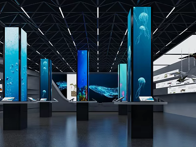 Marine Exhibition Hall Interior With Blue Pillars And Jellyfish Display Stands 3d model