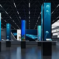 Marine Exhibition Hall Interior With Blue Pillars And Jellyfish Display Stands