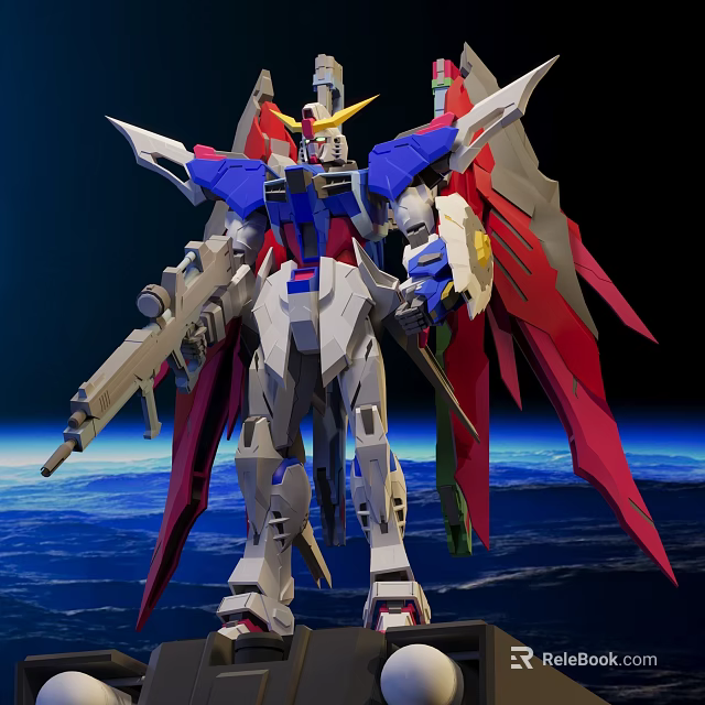 Detailed Gundam Model Figure With White Blue Red Colors And Winged Design In Space Background 3d model 