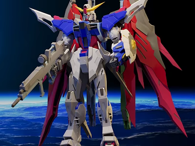 Detailed Gundam Model Figure With White Blue Red Colors And Winged Design In Space Background 3d model