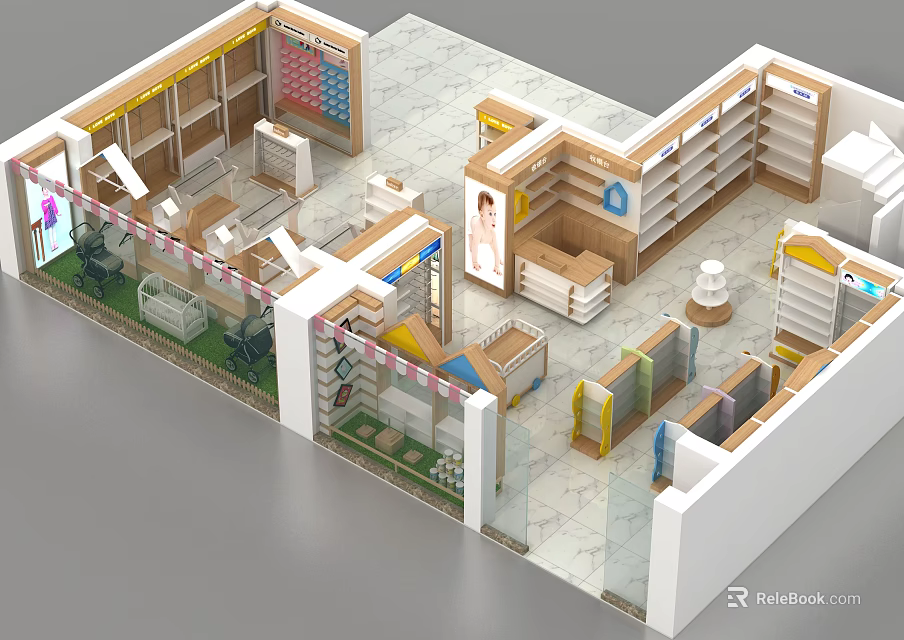 Modern Specialty Store Interior Layout With Shelves Display Counters And Sectional Design 3d model 