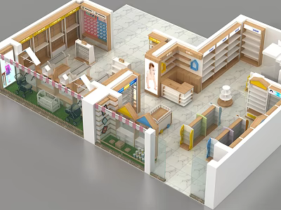 Modern Specialty Store Interior Layout With Shelves Display Counters And Sectional Design 3d model