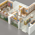 Modern Specialty Store Interior Layout With Shelves Display Counters And Sectional Design 3d model