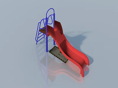 Red Playground Slide with Blue Metal Frame and Safety Warning Label 3d model