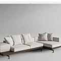 White Sectional Sofa With Plush Cushions And Wooden Base Side Table 3d model