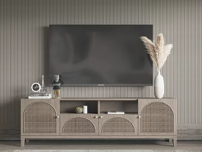 Modern Wooden TV Stand With Woven Doors Decorative Vase Feather Plant And Striped Wall 3d model