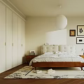 Modern Bedroom Interior With Padded Headboard Bed White Wardrobes Decorative Paintings And Spherical Pendant Light
