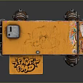 Orange Food Truck With Hamburger Hot Dog Graffiti And Mechanical Style Wheels