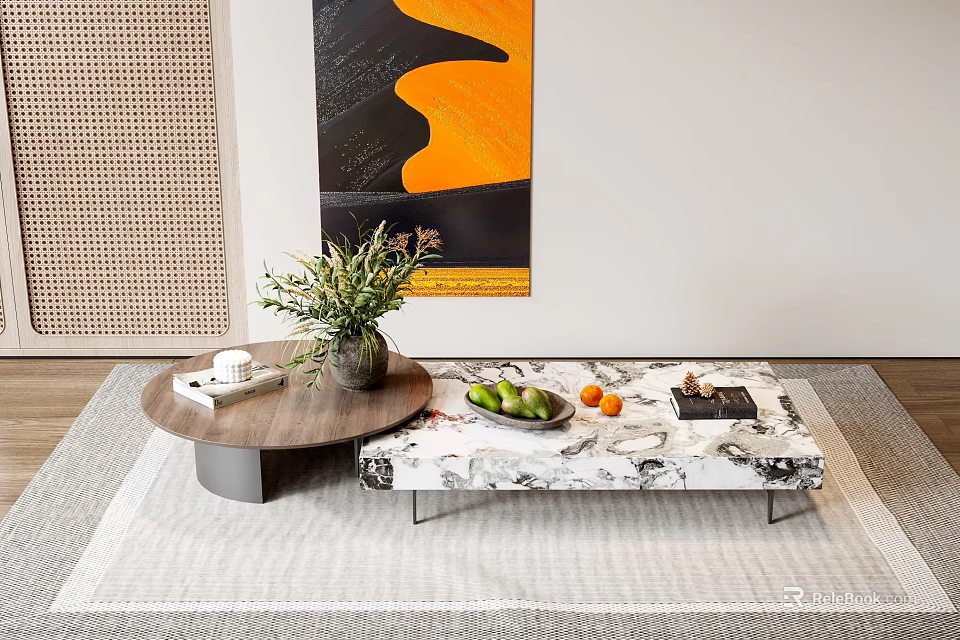 Modern Coffee Table With Marble Top Metal Legs Fruits And Potted Plant In Living Room 3d model 
