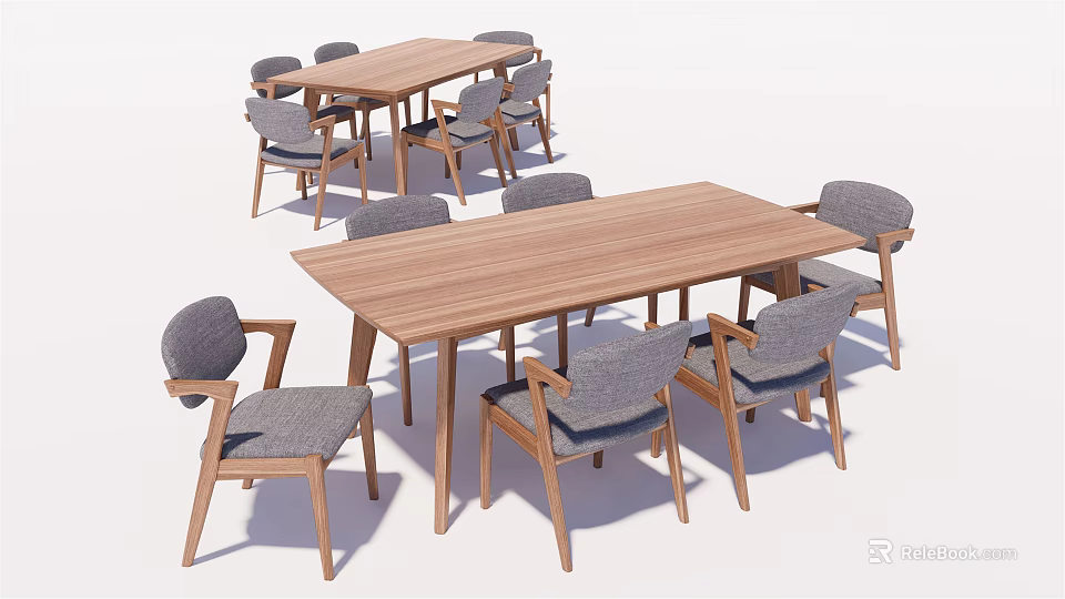 Wooden Rectangular Dining Table Set With Gray Cushioned Chairs And Wooden Legs 3d model