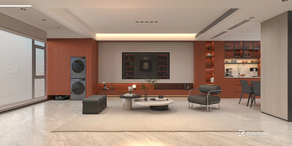 Modern Open Concept Living Dining Room With Orange Walls Gray Sofa Round Coffee Table 3d model 