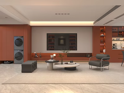 Modern Open Concept Living Dining Room With Orange Walls Gray Sofa Round Coffee Table 3d model