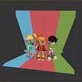 Three Animated Game And Movie Characters Standing On Colorful Panel Background With Heart Decorations