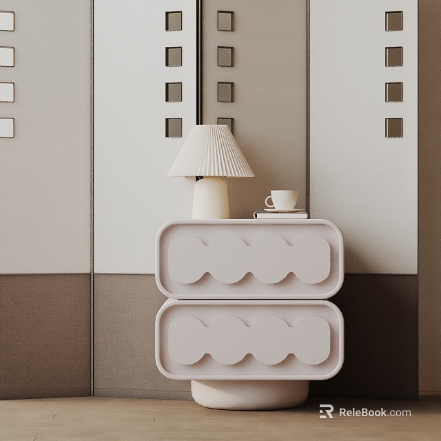 Modern White Side Table with Scalloped Drawers Table Lamp and Teacup on Top Surface 3d model 