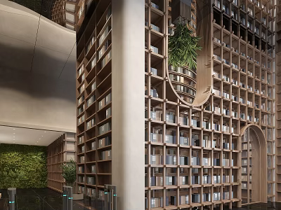 Artistic Book Space Design With Modern Bookshelves And Hanging Green Plants 3d model