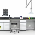 Laboratory Interior Setup With White Cabinets Black Countertop Faucet Reagent Bottles And Stool