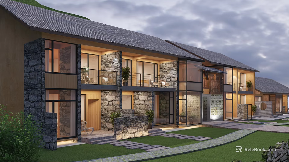 Modern Boutique Guesthouse Building With Stone Wooden Large Glass Windows Balcony Plants Lawn Stone Path 3d model 