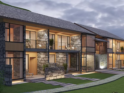 Modern Boutique Guesthouse Building With Stone Wooden Large Glass Windows Balcony Plants Lawn Stone Path 3d model