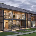 Modern Boutique Guesthouse Building With Stone Wooden Large Glass Windows Balcony Plants Lawn Stone Path